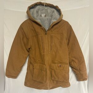 Kids Carhartt Fleece Lined Dark Khaki duck canvas jacket size L (14 - 16)